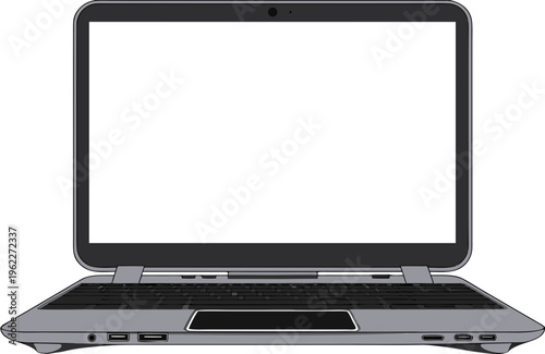 "A professional, high-resolution flat vector illustration of a modern laptop computer, presented from a front-facing perspective with the screen open. The design features a sleek grey chassis, a dark 