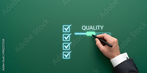 Caucasian Male Holding Slider Button Quality Control Charcoal Grey Suit Close-Up Eye-Level Resolution Emerald Green Background