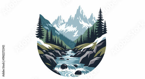 A stylized mountain range with a river flowing through a rocky, forested valley