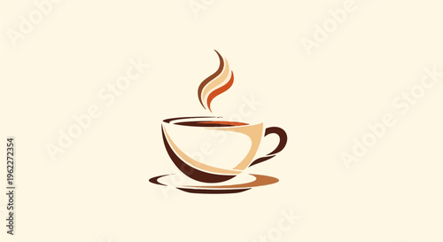 A stylized, modern illustration of a steaming coffee cup and saucer