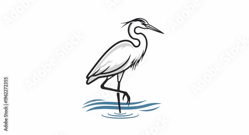 A stylized, monochrome heron stands on one leg in shallow water