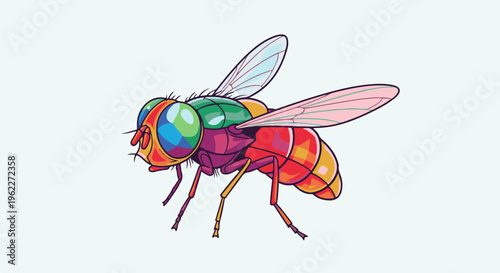 A vibrant, stylized illustration of a fly with bold colors and sharp lines