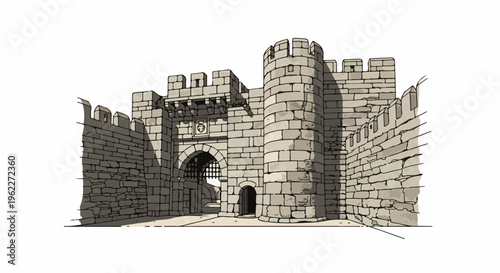 Ancient stone fortress gatehouse with crenellated walls and a rounded tower