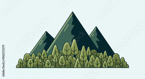A stylized minimalist landscape with dark green mountains and a forest