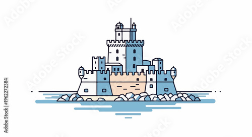 A stylized, minimalist depiction of a medieval fortress by the water