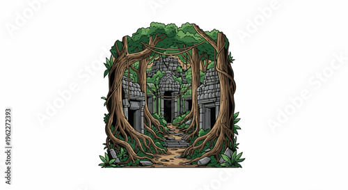 Ancient stone ruins overtaken by lush jungle foliage and thick tree roots