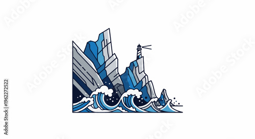 A stylized lighthouse stands atop rocky cliffs amidst crashing waves