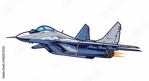 A stylized jet fighter in mid-flight with exhaust flames