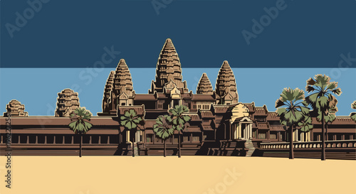 Ancient stone temple complex with palm trees under a blue sky