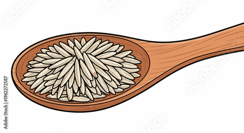 A wooden spoon filled with long-grain white rice, presented on a white background