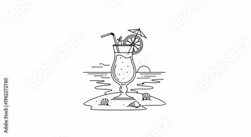 A stylized illustration of a tropical drink with a straw, umbrella, and garnish