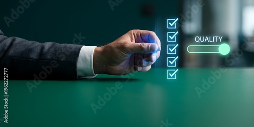 Caucasian Male in Suit Adjusting Slider Button for Quality Control Close-Up Eye-Level Perspective on Minimalist Background with Deep Emerald Green Resolution