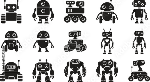 A collection of various robot icons in black and white on a clean background