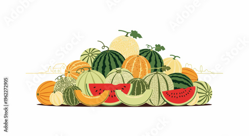 Abundant pile of various melons, watermelons, and cantaloupes with cartoonish farmhouse