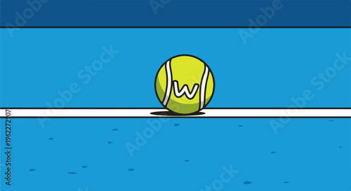 A stylized tennis ball with a "W" logo rests on a blue court line