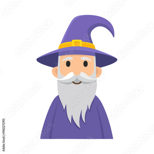 A charming cartoon wizard with a white beard and a pointed purple hat. He exudes wisdom and a touch of magic, perfect for creative projects