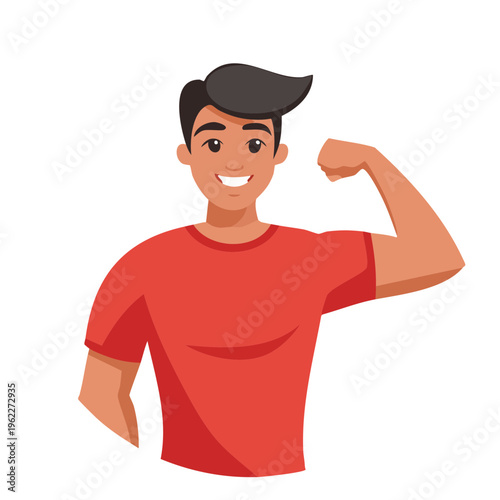 A strong, confident man flexes his bicep, showing his strength with a smile