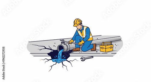 A worker repairs a leaking pipe on a cracked road with a toolbox nearby