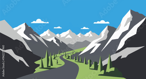 A winding road leads through a valley of snow-capped mountains