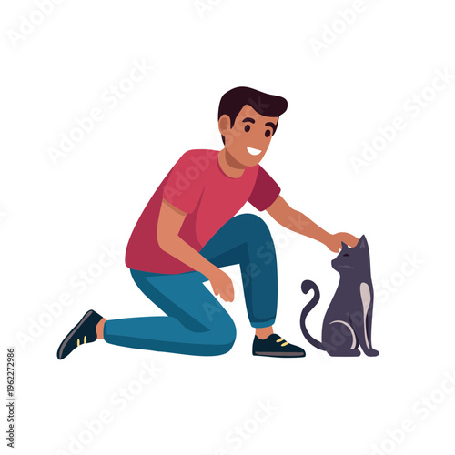 A man and his black cat bonding in a heartwarming scene, where the man is giving the cat some lovely interaction.