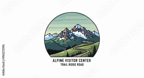 A winding road leads to a visitor center nestled in a mountain landscape