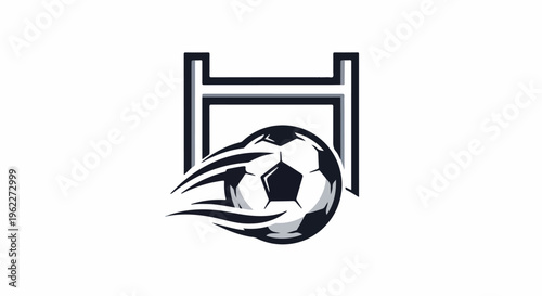 A stylized soccer ball with motion streaks in front of a goalpost