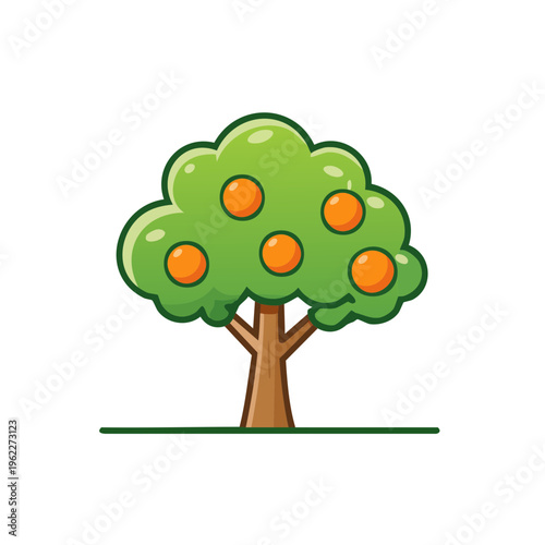 A delightful cartoon of an orange tree, with lush green leaves and vibrant oranges, capturing the essence of nature and freshness