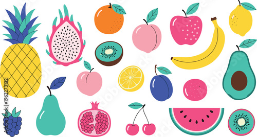 Flat vector fruit collection featuring pineapple dragon fruit kiwi orange apple banana avocado watermelon and berries isolated on white for healthy organic food design projects