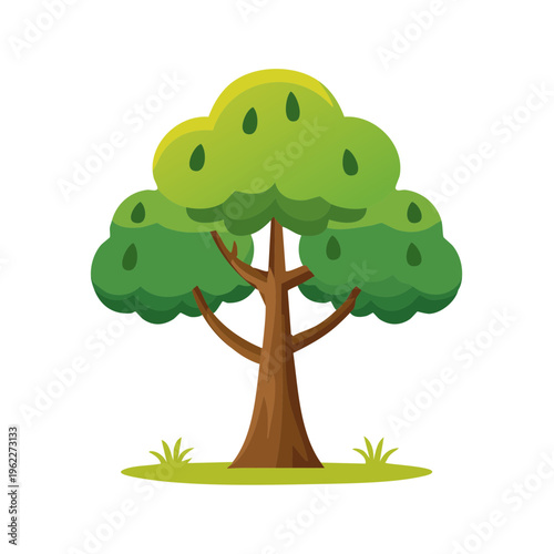 A vibrant illustration of a tree standing in the natural environment. The tree has a sturdy brown trunk, lush green leaves, and stands on a patch of grassy ground