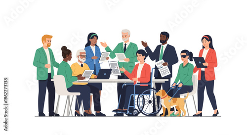 Diverse and Inclusive Business Team Collaborating in a Modern Workplace Meeting, Featuring People of Different Ages, Ethnicities, and Abilities