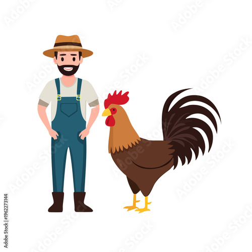 A farmer and his rooster, standing side by side. The farmer is wearing a hat, overalls, and boots. The rooster is colorful and has a vibrant comb and tail feathers
