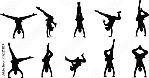 Black silhouettes of ten people performing diverse handstand poses, gymnastics yoga acrobatics balance strength vector illustration isolated on white background