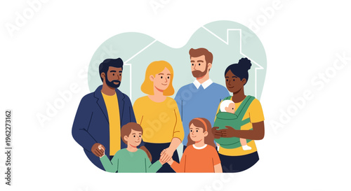 Diverse Family Portrait: Happy Multi-Generational Group with Children & Baby Embracing Home & Community in Modern Flat Illustration