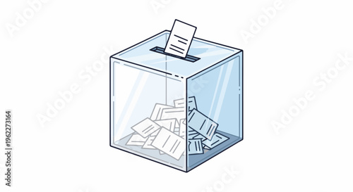 A transparent ballot box overflowing with papers, with one ballot being inserted