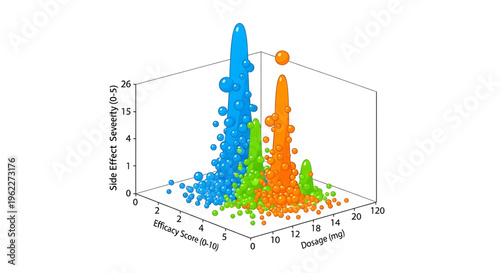 A 3D scatter plot graph illustrating side effect severity, efficacy score, and dosage in a medical research context