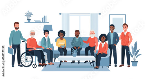 Diverse Group Community Gathering Illustration: Multigenerational Adults, Including Man in Wheelchair, Socializing and Supporting Each Other