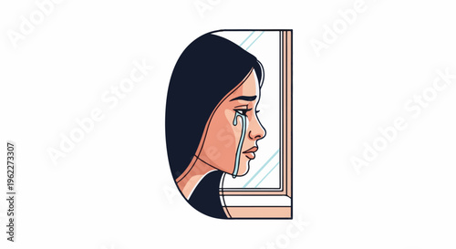 A woman cries while looking out a window, her tears falling