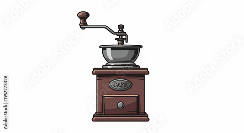 A vintage coffee grinder with a crank and wooden base
