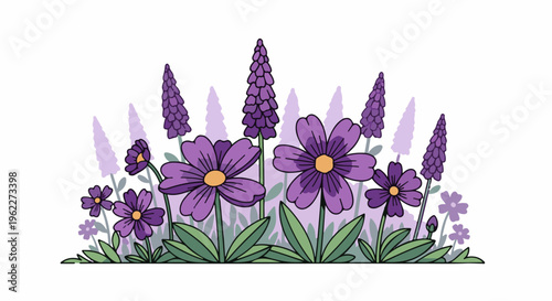A whimsical border of vibrant purple flowers and lavender spikes