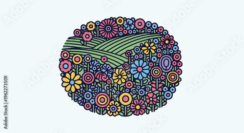 A whimsical circular design features rolling green hills and a riot of colorful, abstract flowers