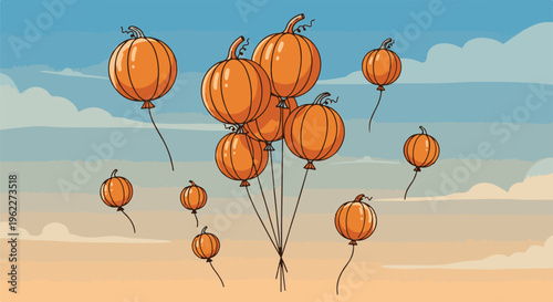A whimsical cluster of orange pumpkin-shaped balloons floats against a soft sky