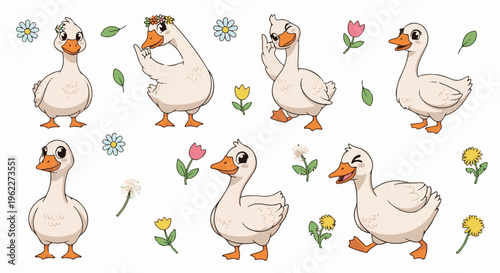 Adorable cartoon geese with flowers and leaves scattered around them