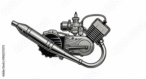 A vintage motorcycle engine with exhaust, carburetor, and cylinder
