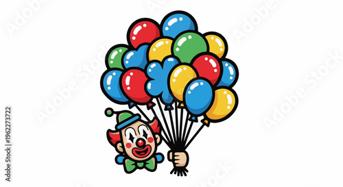 Adorable clown with a bouquet of colorful balloons
