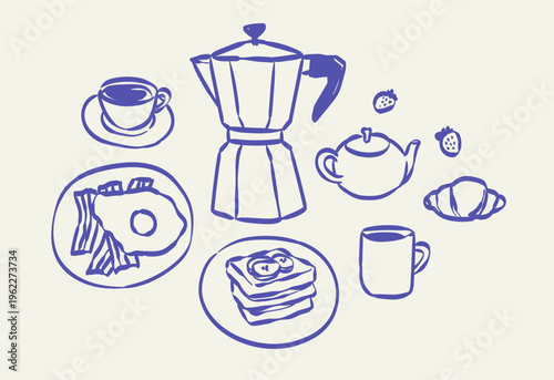 Hand draw breakfast or brunch doodles. Vector sketch illustrations of food, tea and coffee icons in ink drawing style. Minimalist line art. Illustration for invitations, menus design, poster placard.