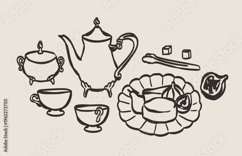 Elegant retro breakfast or brunch doodles. Vector illustrations of morning tea icons in ink vintage drawing style. Minimalist line art. Illustration for invitations, menus design, poster placard.