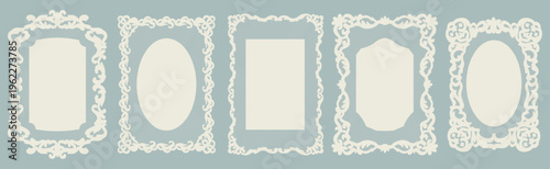 Vintage retro lace frame collection. Whimsical rectangular elegant lace doilies in crochet style with floral decorative borders. Whimsical silhouettes, squiggle shapes for wedding invitation cards.