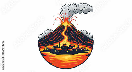 A volcanic eruption threatens a quaint village nestled below fiery lava flows