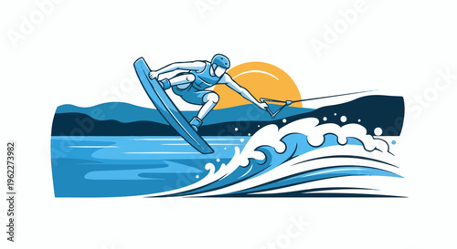 A wakeboarder in mid-air performs a trick over a wave, with a sun and hills in the background