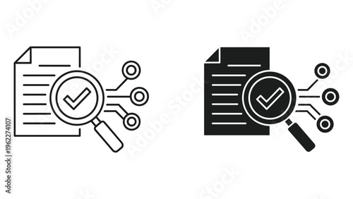 Black and white magnifying glass examining checkmark on documents